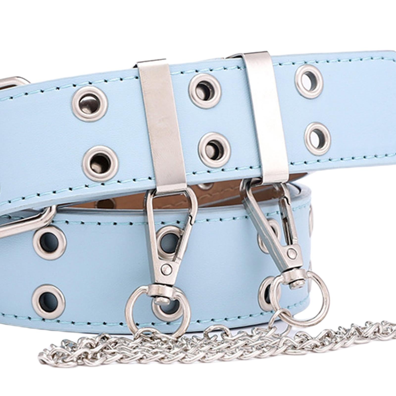 Women Punk Belt Double Grommet Leather Jeans Waist Strap Blue with Chain