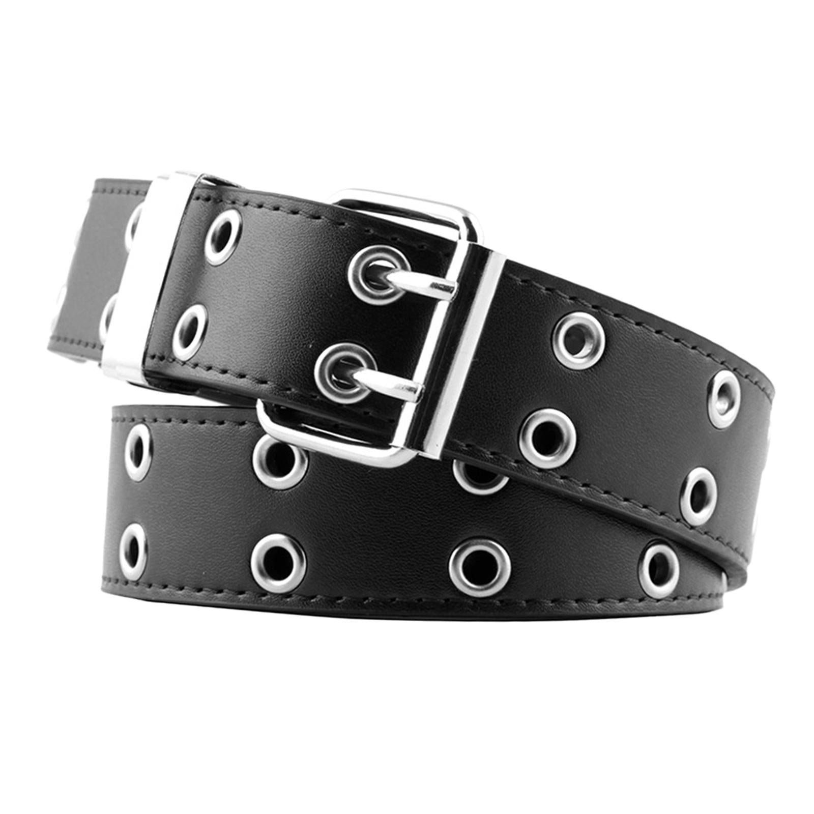 Women Punk Belt Double Grommet Leather Jeans Waist Strap Black