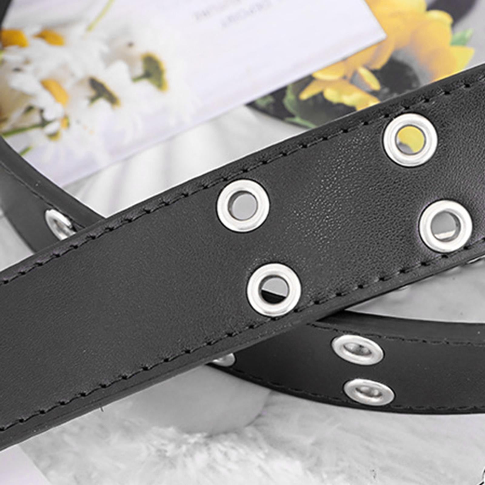 Women Punk Belt Double Grommet Leather Jeans Waist Strap Black