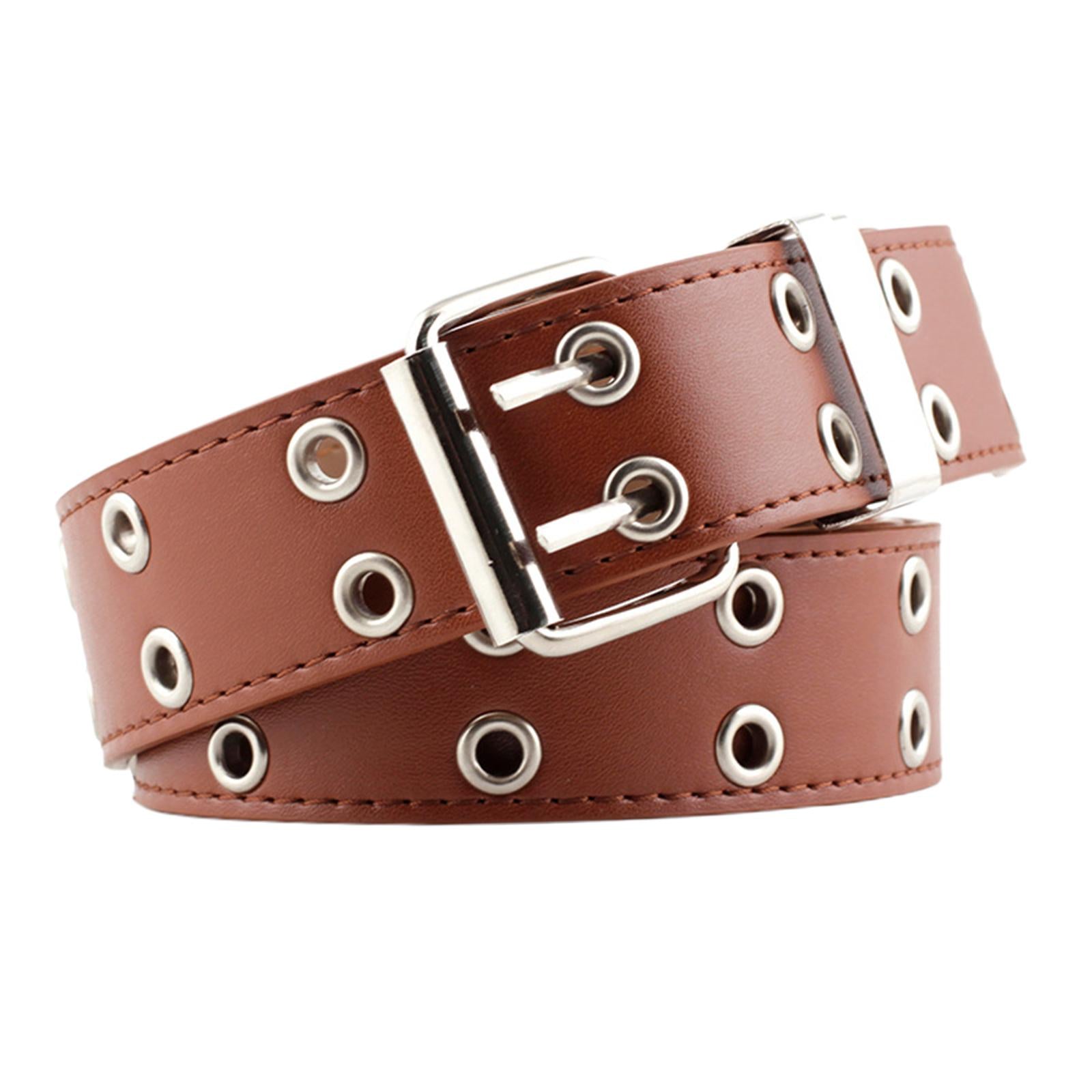 Women Punk Belt Double Grommet Leather Jeans Waist Strap Brown