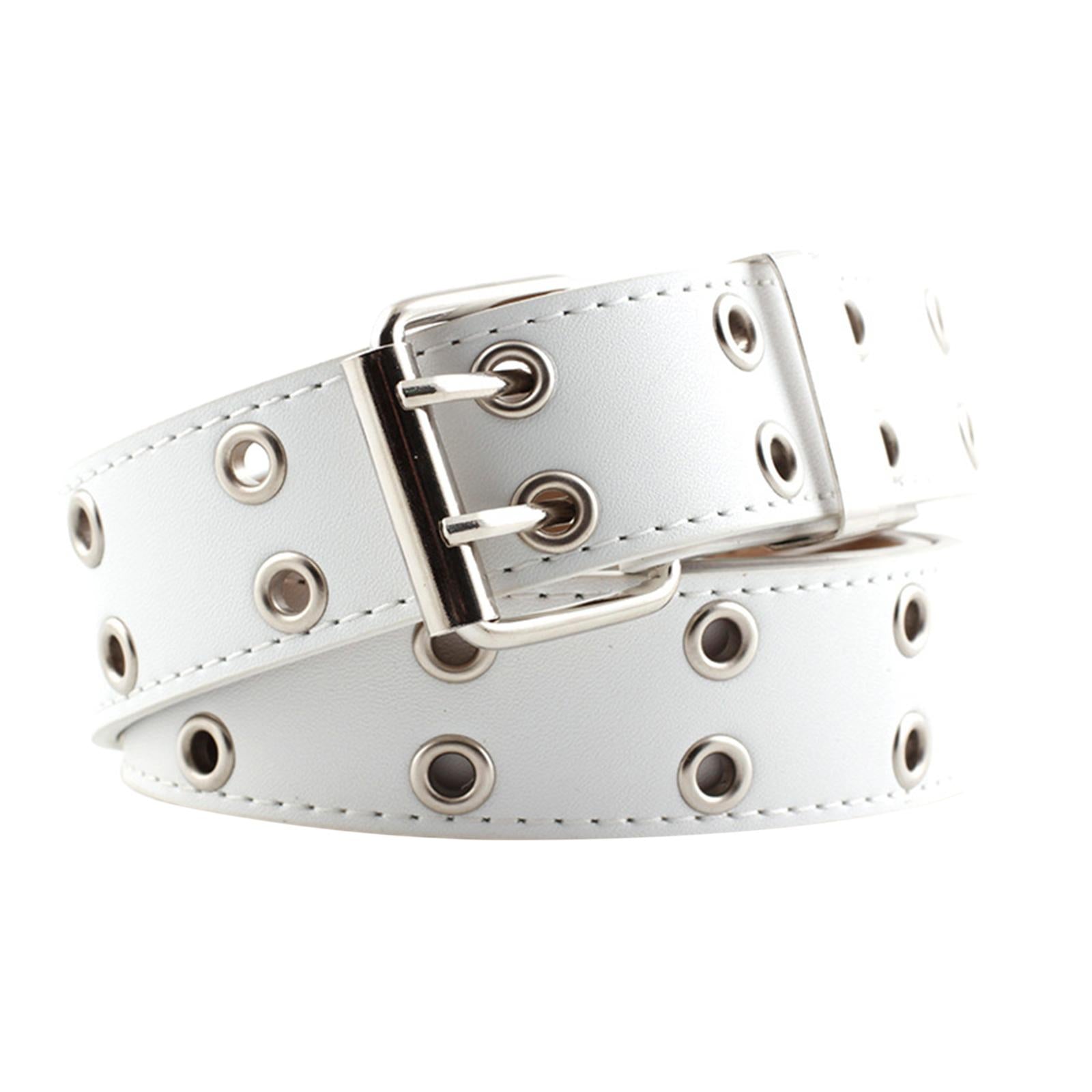 Women Punk Belt Double Grommet Leather Jeans Waist Strap White