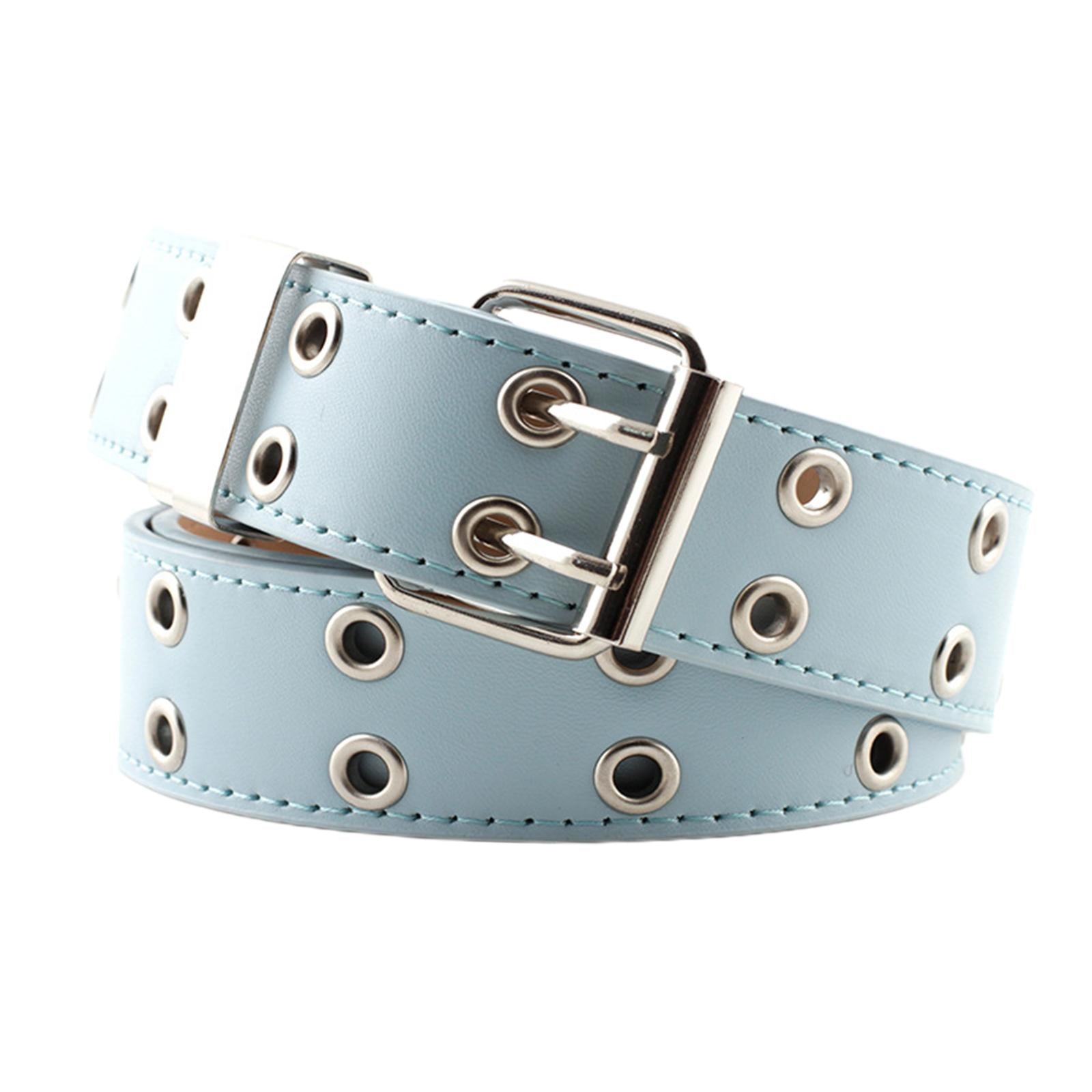 Women Punk Belt Double Grommet Leather Jeans Waist Strap Blue