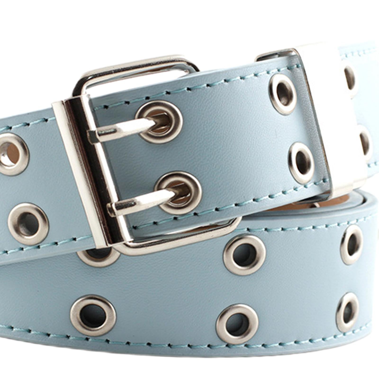Women Punk Belt Double Grommet Leather Jeans Waist Strap Blue