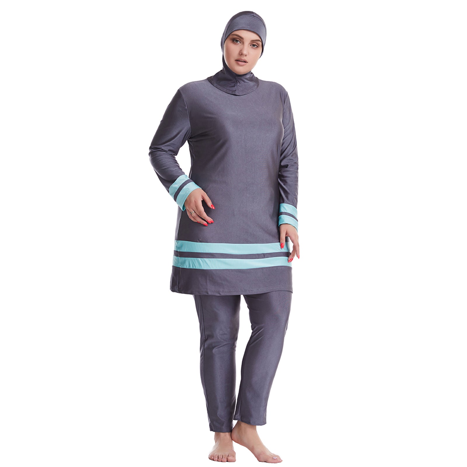 Islamic Modest Swimsuit Beach Muslim Arab Women Swimwear Plus Size Gray XL