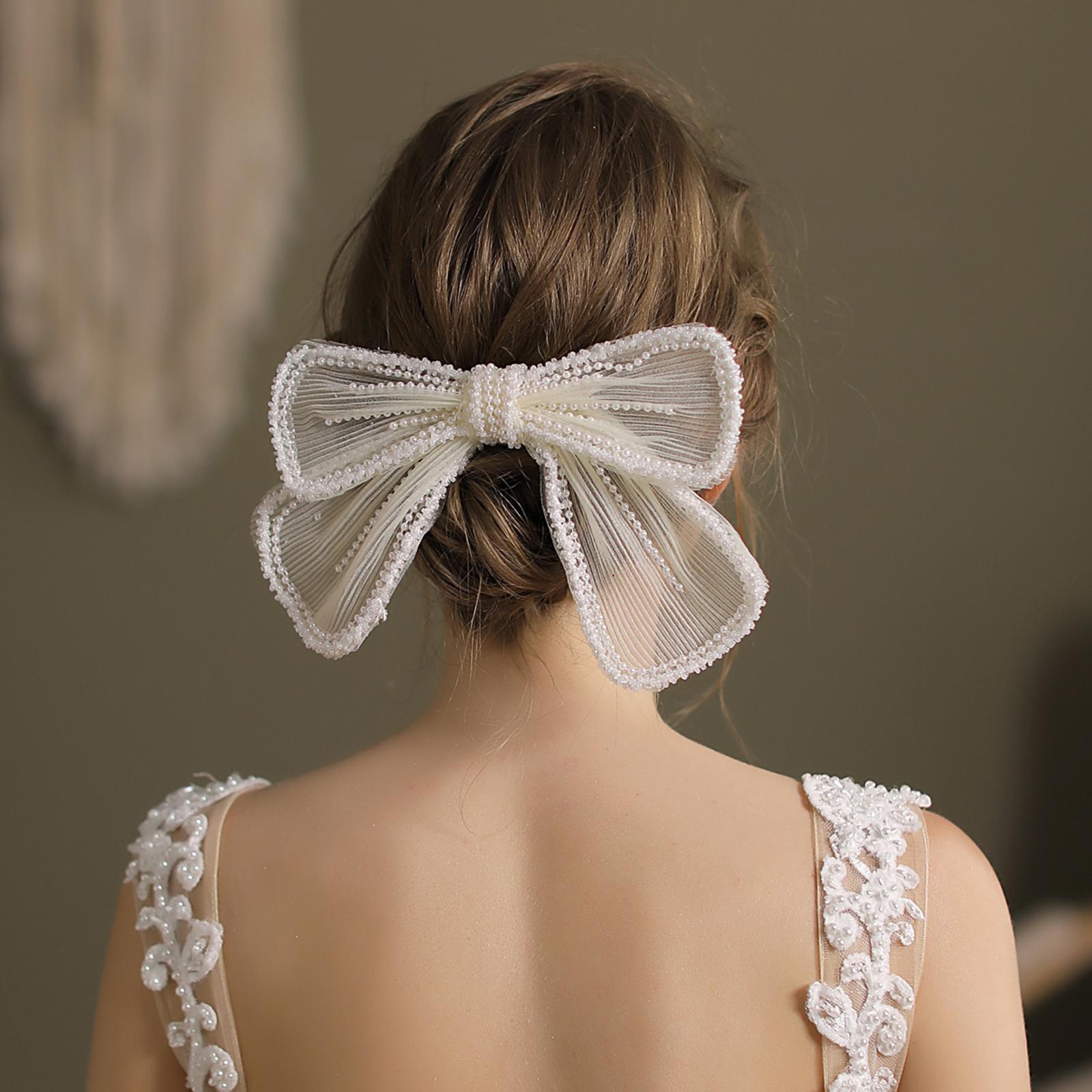 White Pearls Beads Lace Bows Hair Clip Elegant Large Hairpin Bridal Headwear