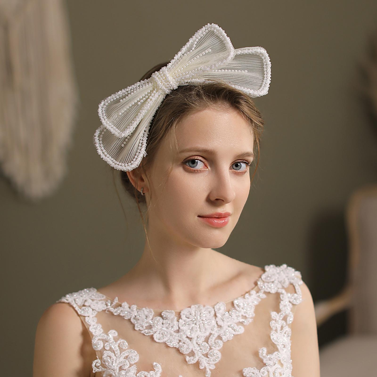 White Pearls Beads Lace Bows Hair Clip Elegant Large Hairpin Bridal Headwear
