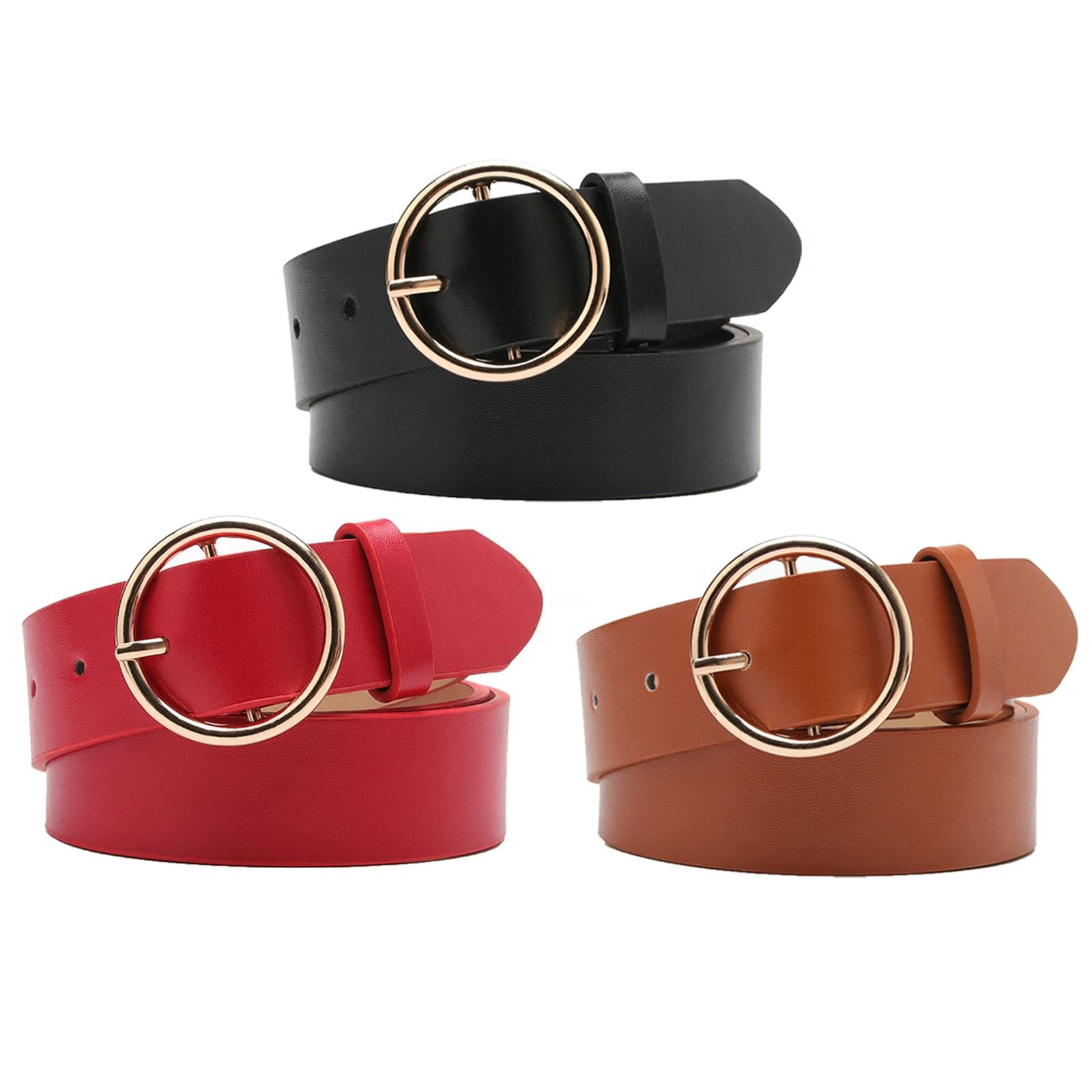 Women Adjustable Waistband Round Buckle Waist Strap Lady Belt for Jeans Red