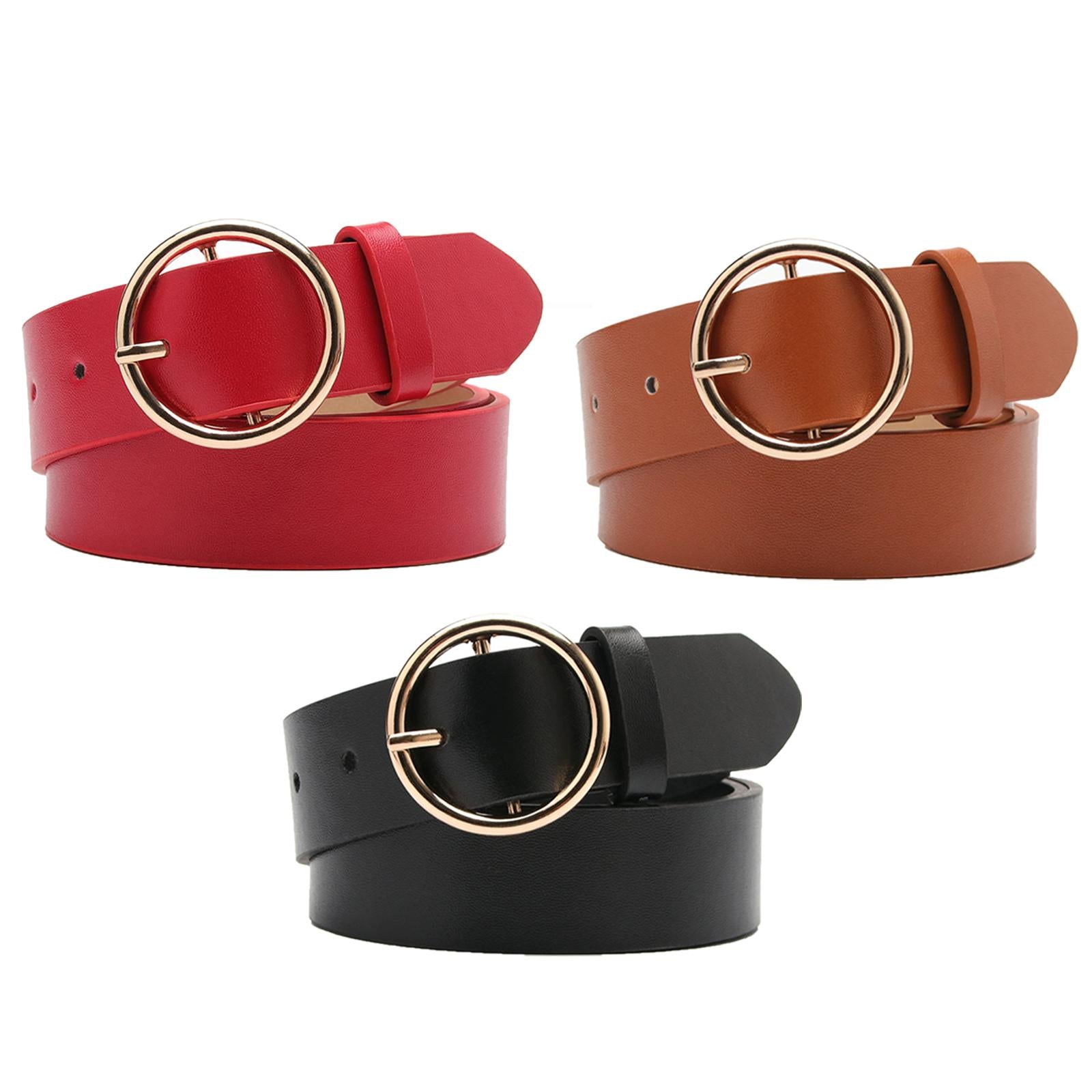 Women Adjustable Waistband Round Buckle Waist Strap Lady Belt for Jeans Red