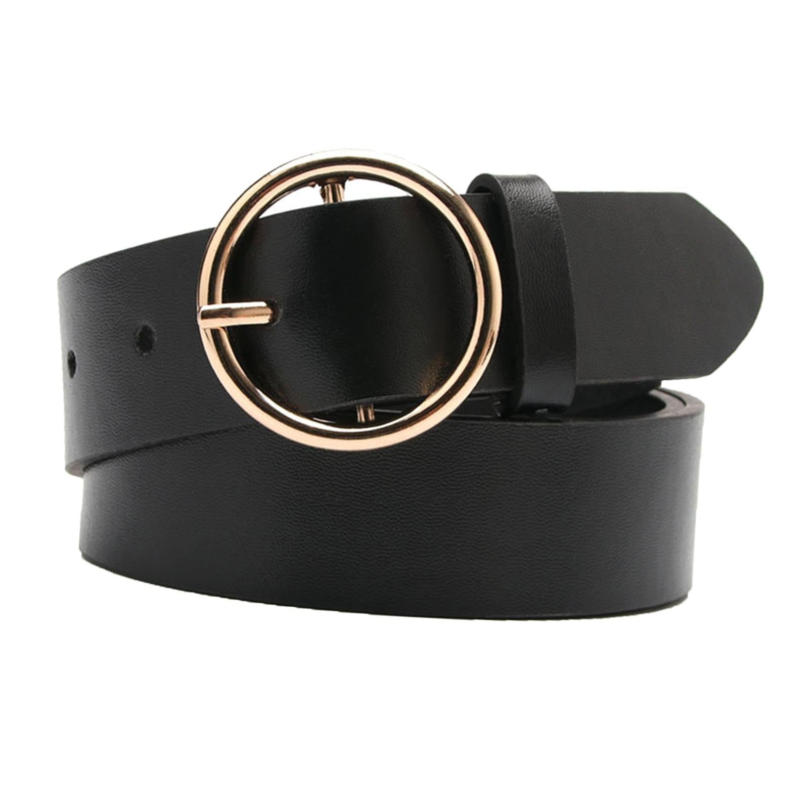 Women Adjustable Waistband Round Buckle Waist Strap Lady Belt for Jeans Black