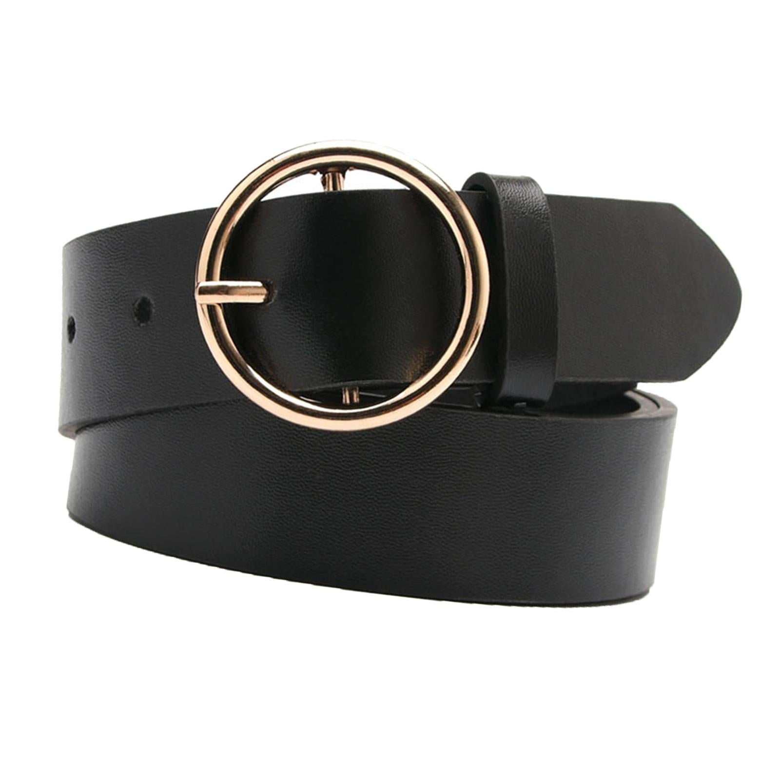 Women Adjustable Waistband Round Buckle Waist Strap Lady Belt for Jeans Black