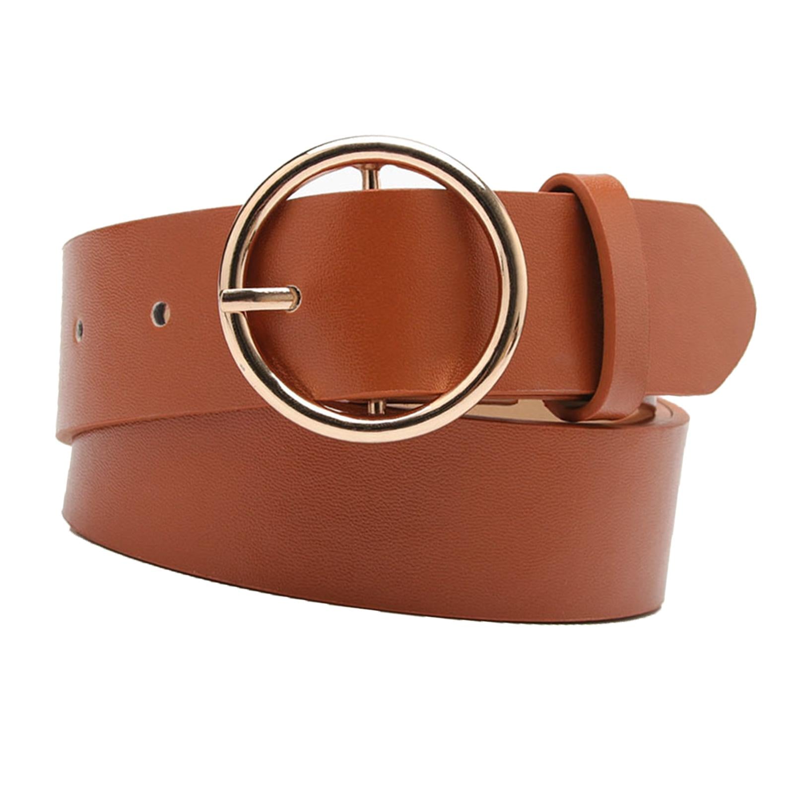 Women Adjustable Waistband Round Buckle Waist Strap Lady Belt for Jeans Camel