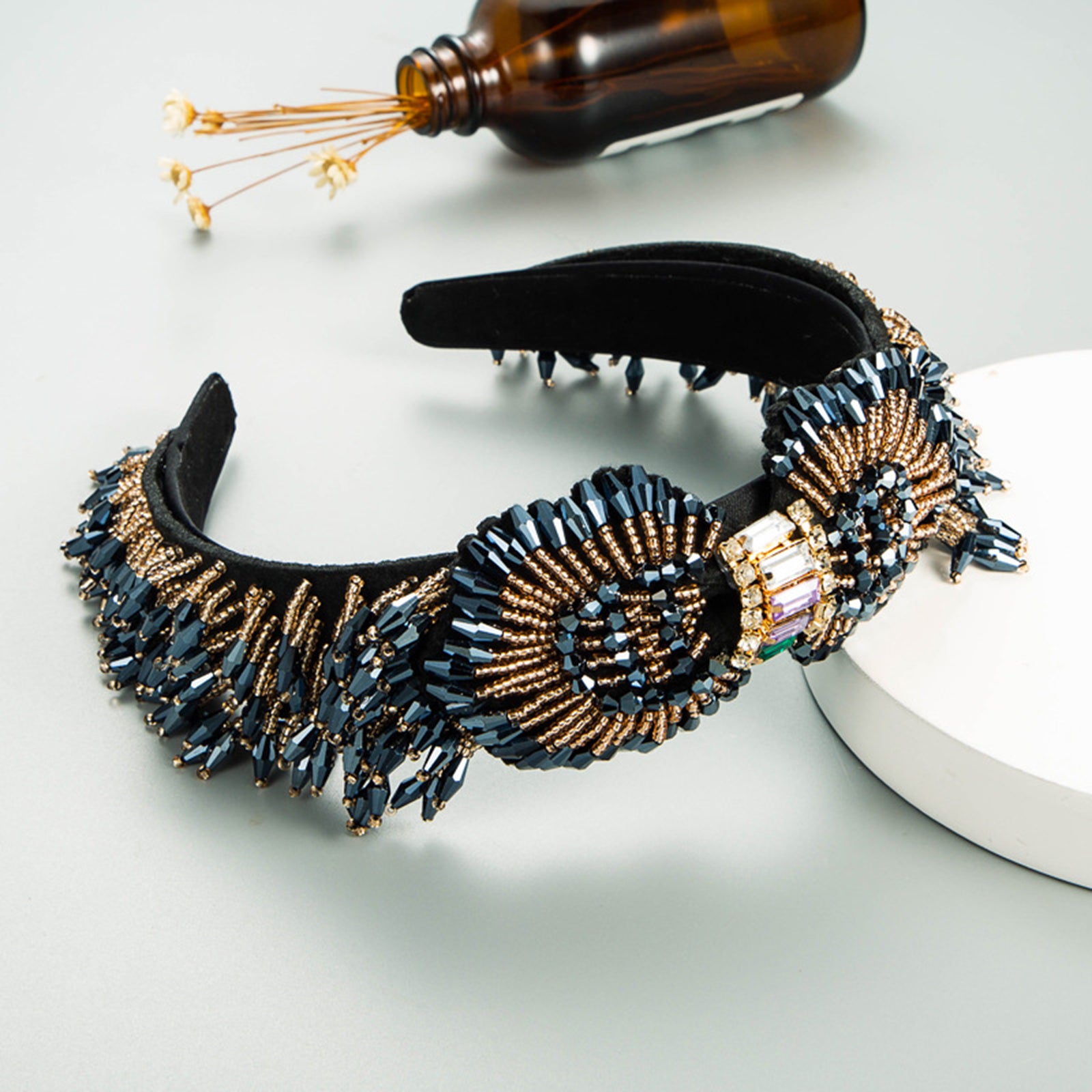 Trendy Baroque Headband Embellished Gem Hair Band Hair Piece Decor Blue