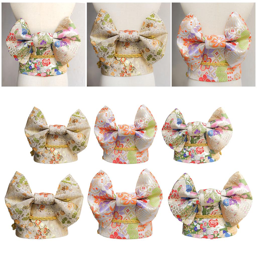 Women Japanese Belt Pre-Tied Bow Kimono Robe Obi Strap Gold Kids
