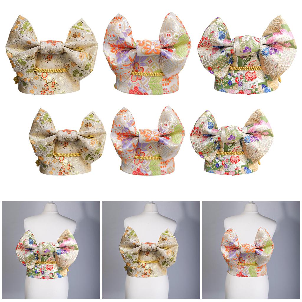 Women Japanese Belt Pre-Tied Bow Kimono Robe Obi Strap Gold Kids
