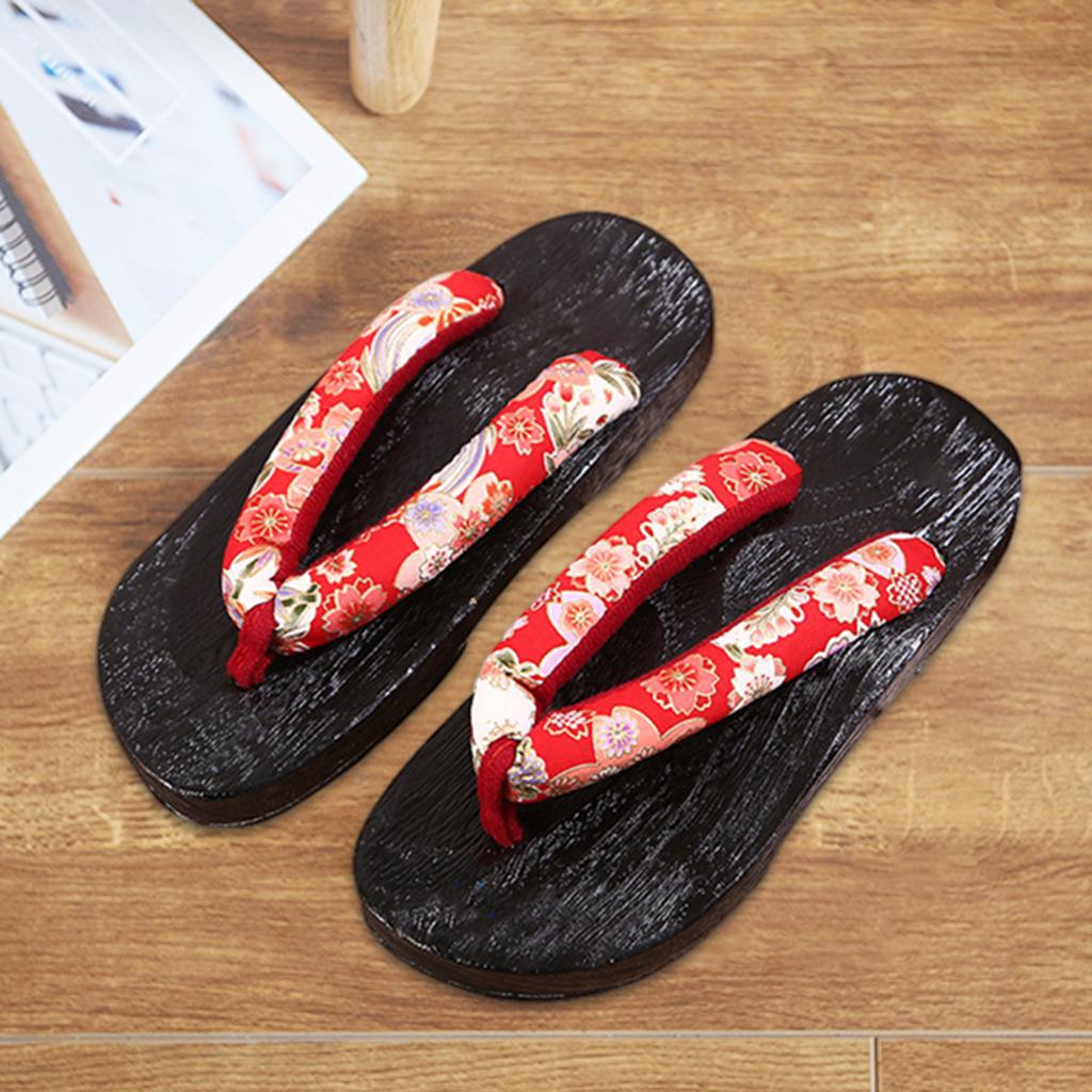 Japanese Clogs Slippers Geta Sandals Flip Flops for Men Women Red Round 37