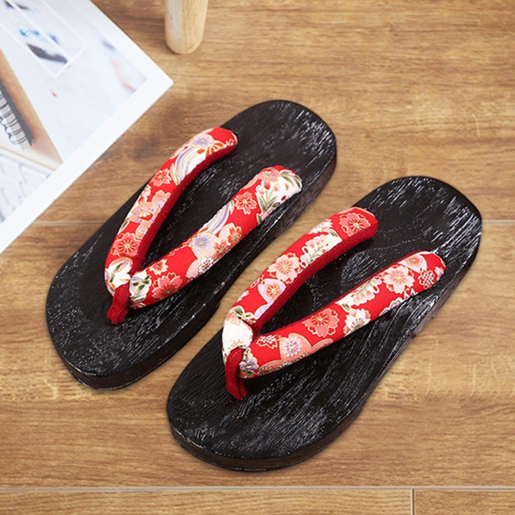 Japanese Clogs Slippers Geta Sandals Flip Flops for Men Women Red Round 38