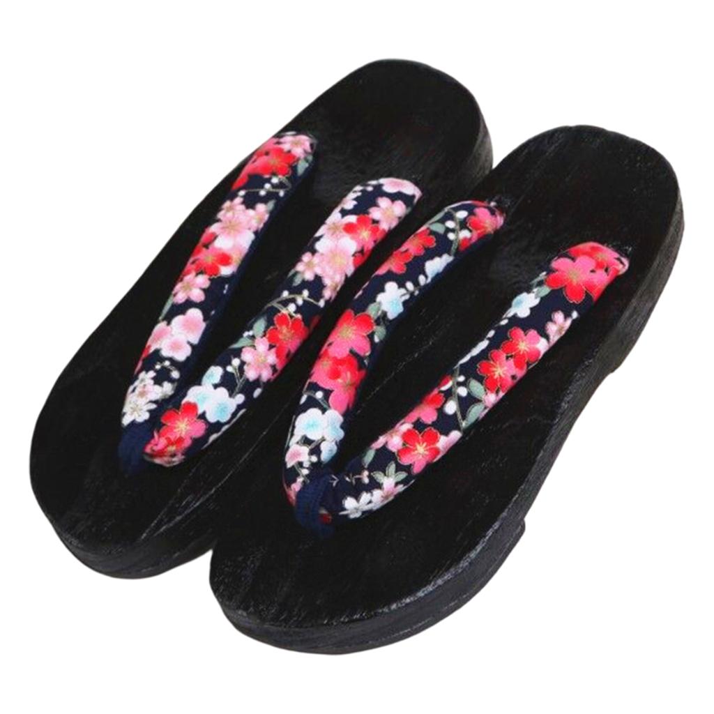 Japanese Clogs Slippers Geta Sandals Flip Flops for Men Women Black Round 36