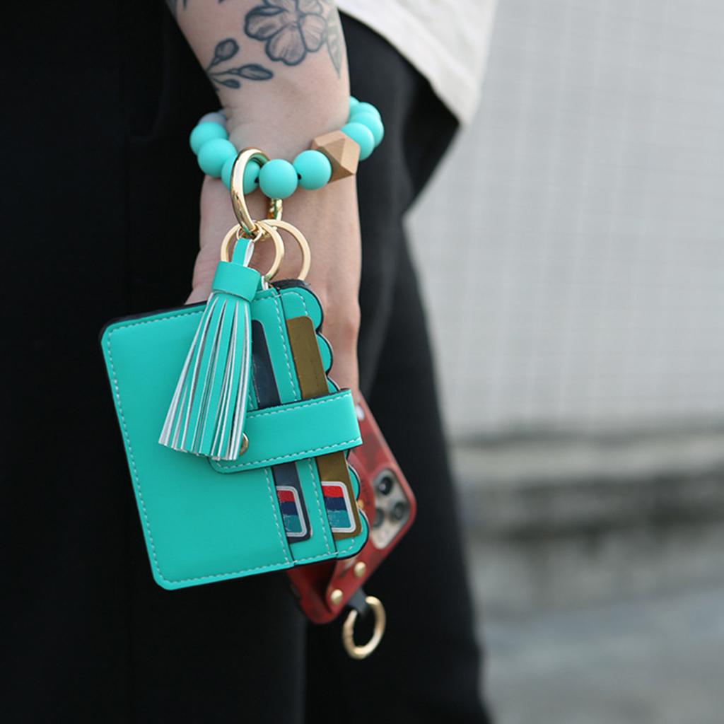 Womens Card Wallet Bracelet Key Ring Bangle Keychain Wristlet Turquoise