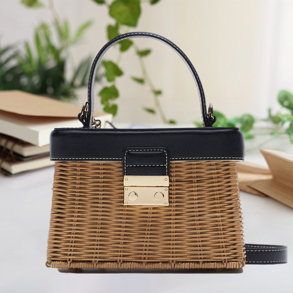 Rattan Handbag Tropical Boho Hand Bag Phone Holder Messenger Purse Black