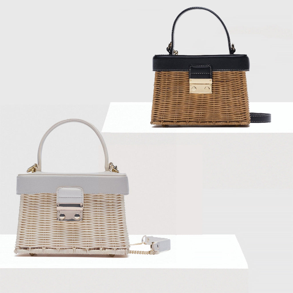 Rattan Handbag Tropical Boho Hand Bag Phone Holder Messenger Purse Black