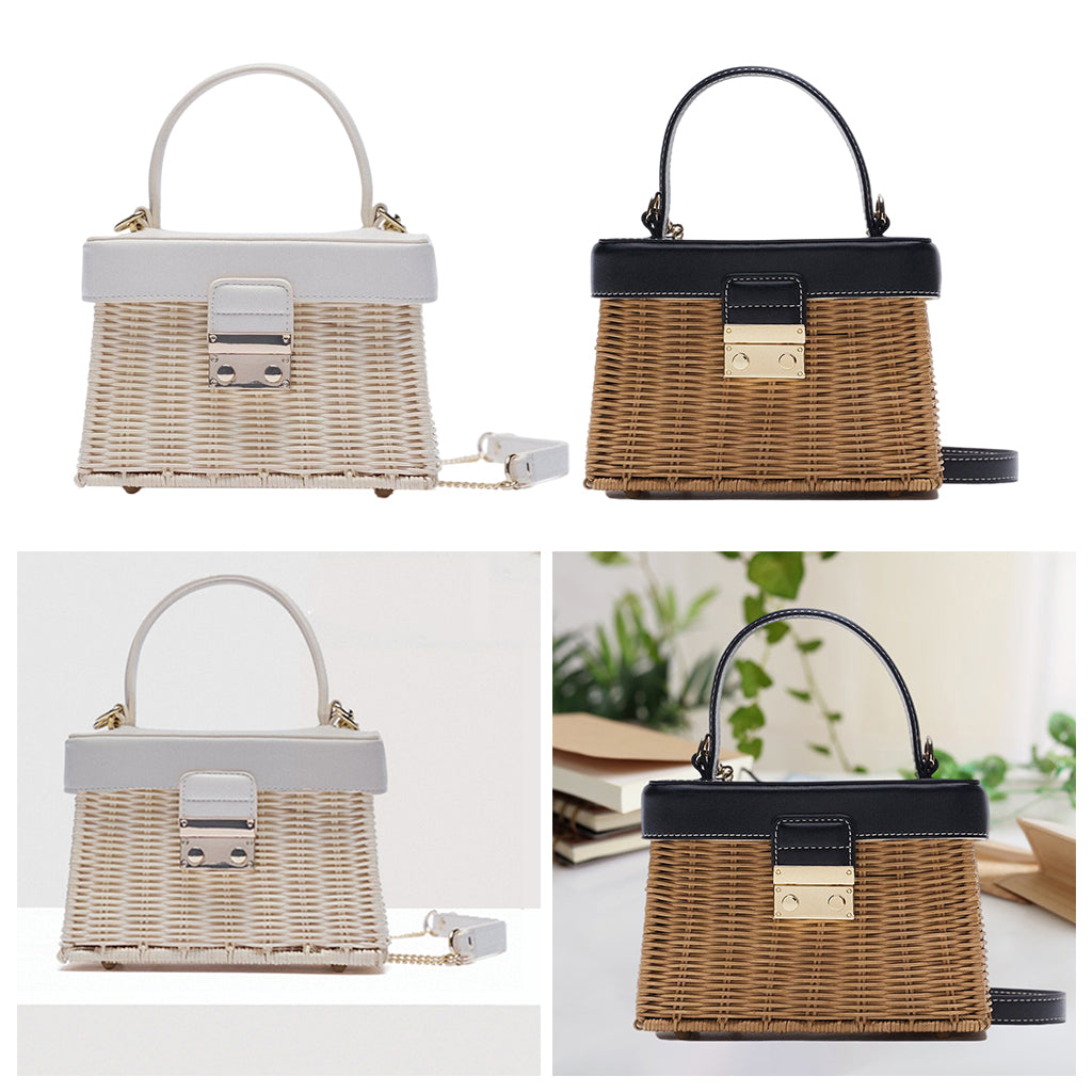 Rattan Handbag Tropical Boho Hand Bag Phone Holder Messenger Purse Black