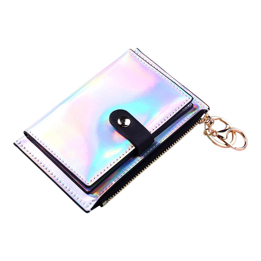 Women Wallet Bifold with Coin Pocket Card Holder Purse Keychain Silver