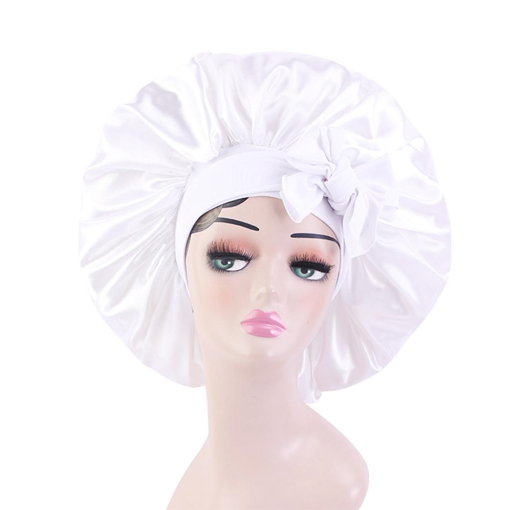 Women Satin Silk Bonnet Night Sleeping Caps Hat For Long Curly White