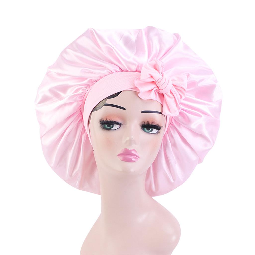 Women Satin Silk Bonnet Night Sleeping Caps Hat For Long Curly Pink