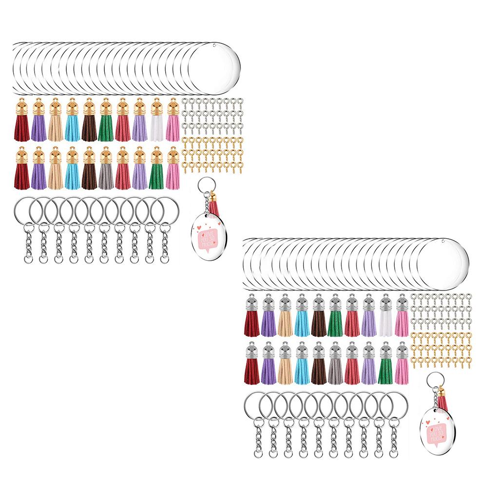 200 Acrylic Circle Discs Keychain Blanks Tassel Pendants Key Ring Kit Golden