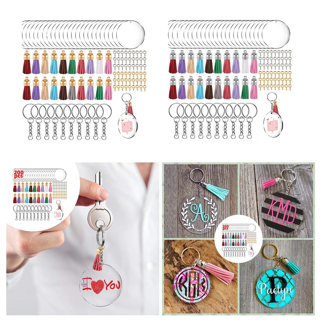 200 Acrylic Circle Discs Keychain Blanks Tassel Pendants Key Ring Kit Golden