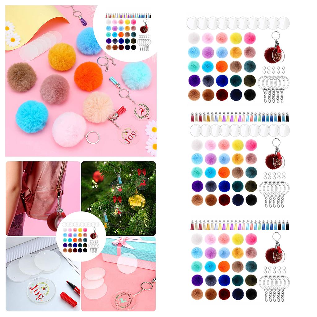 195x Clear Acrylic Circle Discs Keychain Blanks Tassel Pendants Key Ring Kit 195Pcs