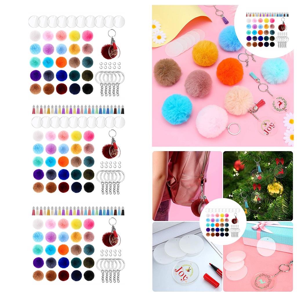 195x Clear Acrylic Circle Discs Keychain Blanks Tassel Pendants Key Ring Kit 195Pcs