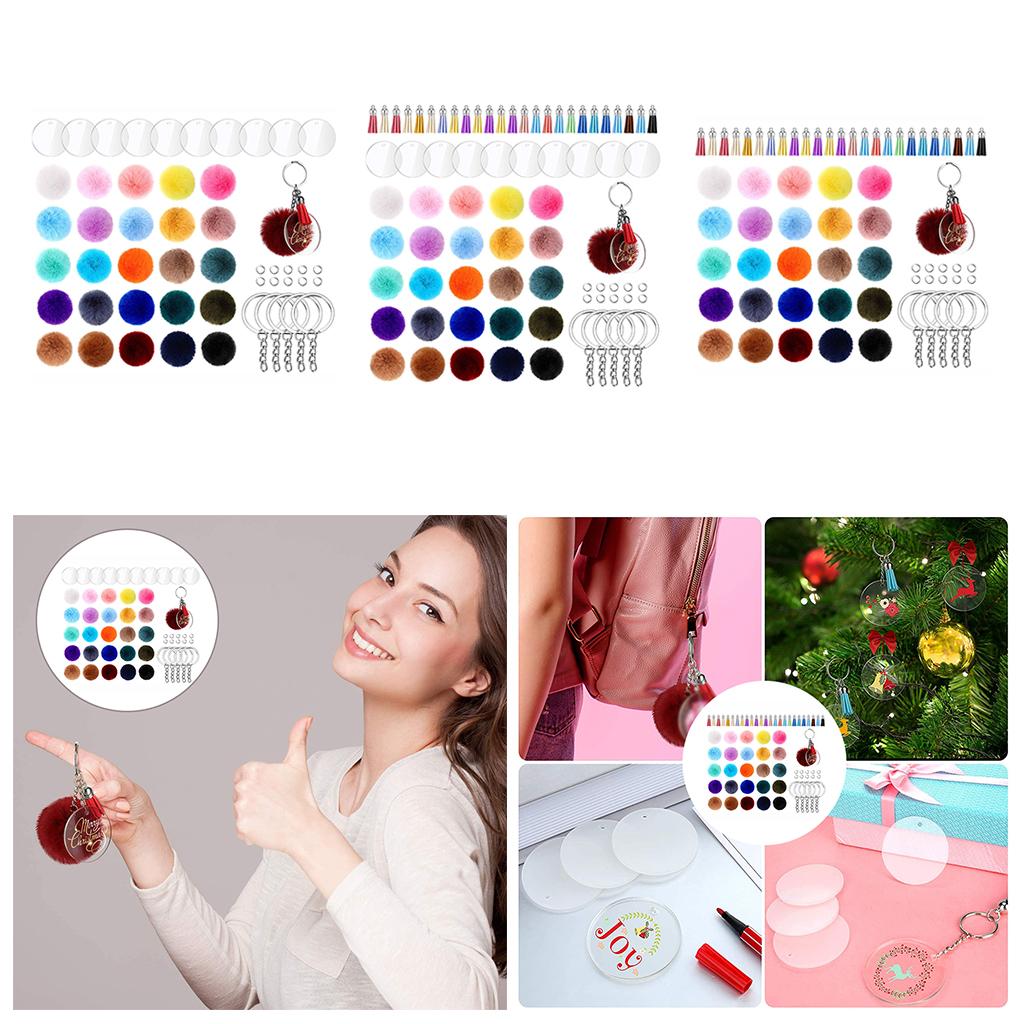 195x Clear Acrylic Circle Discs Keychain Blanks Tassel Pendants Key Ring Kit 195Pcs