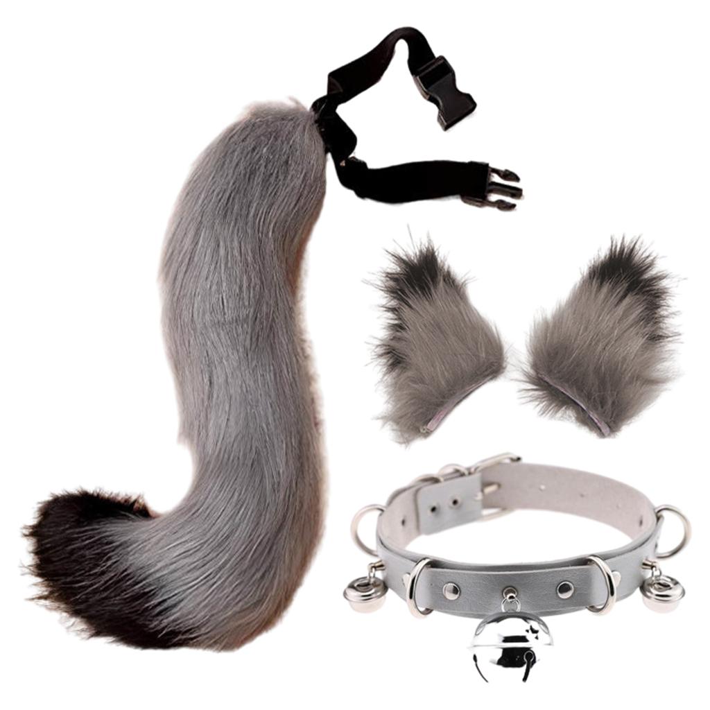 Faux Fur Cat Ears and Tail Set Halloween Fancy Dress Cosplay Costume Gray
