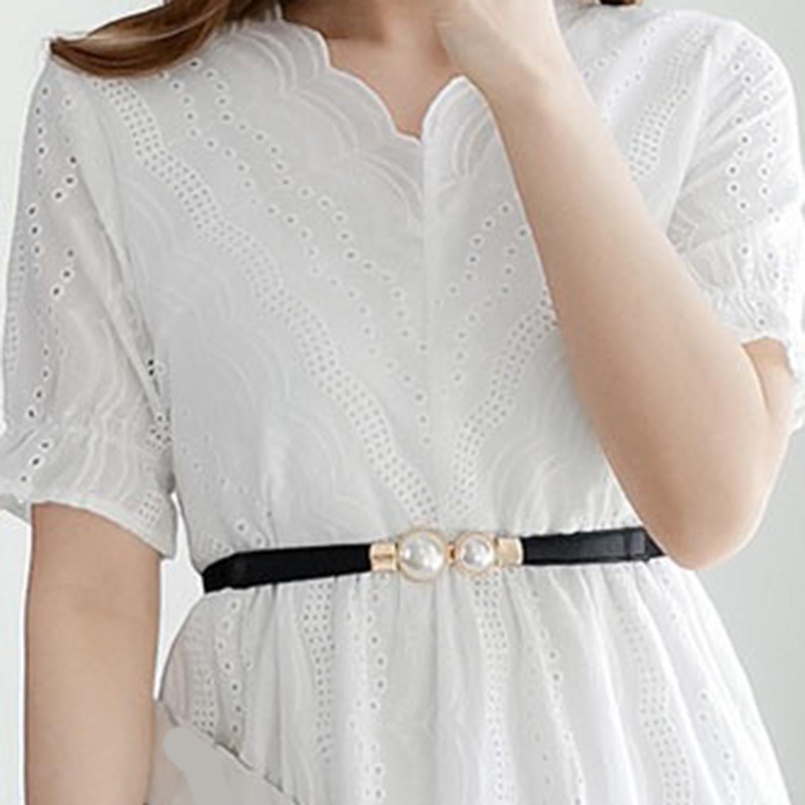 Pearl Elastic Belt Thin Leather Women Waist Belt Dress Skirt Decor Red