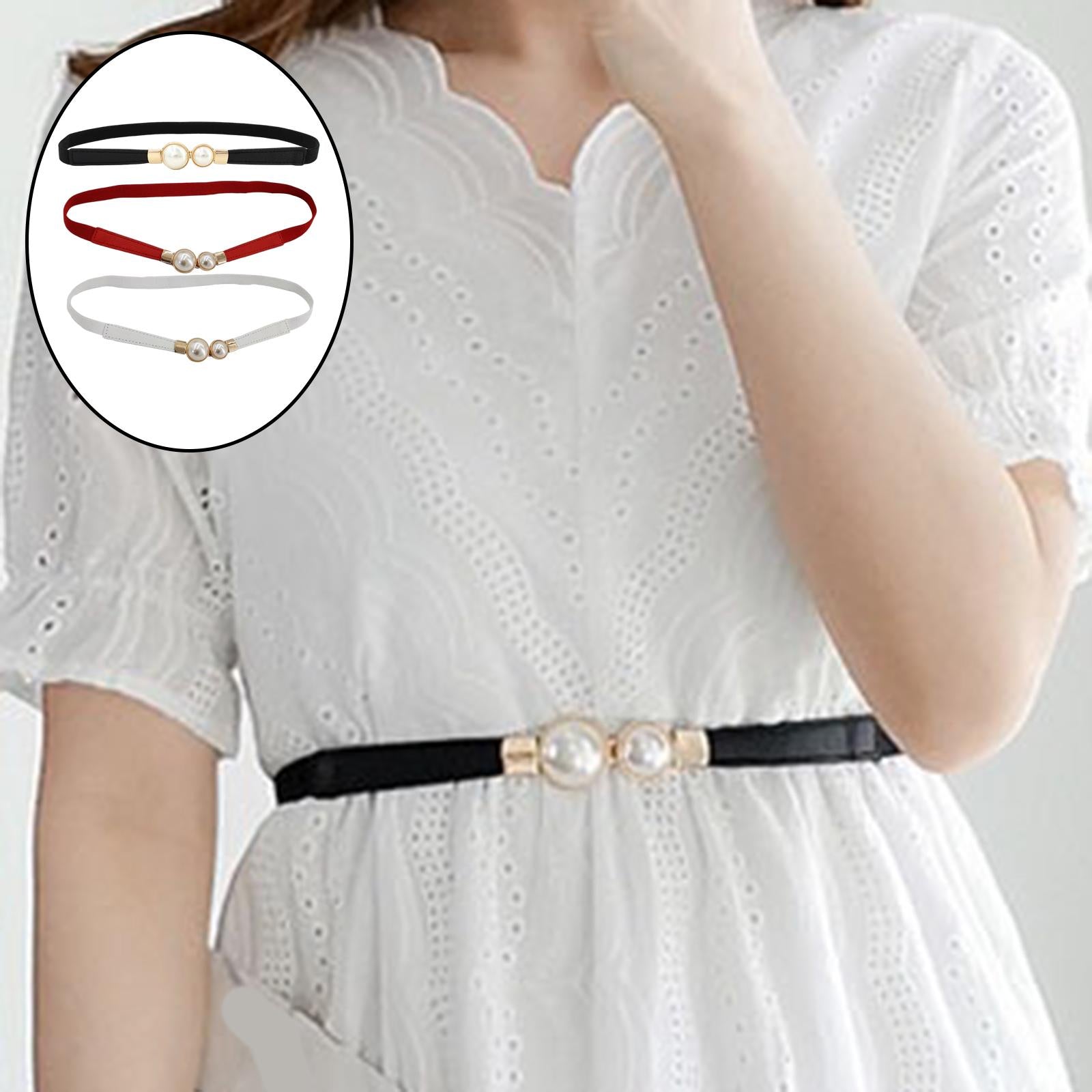 Pearl Elastic Belt Thin Leather Women Waist Belt Dress Skirt Decor Red