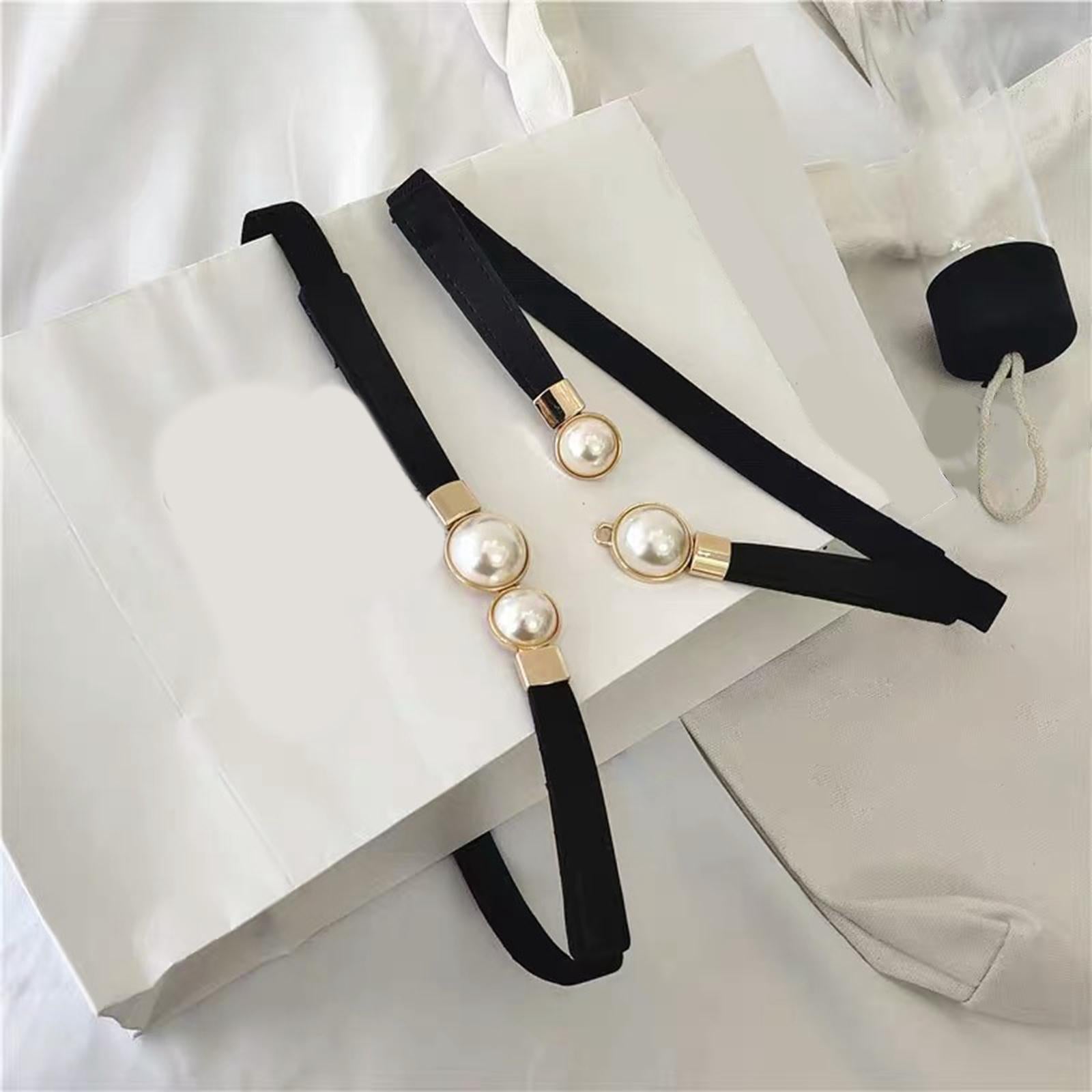 Pearl Elastic Belt Thin Leather Women Waist Belt Dress Skirt Decor Black