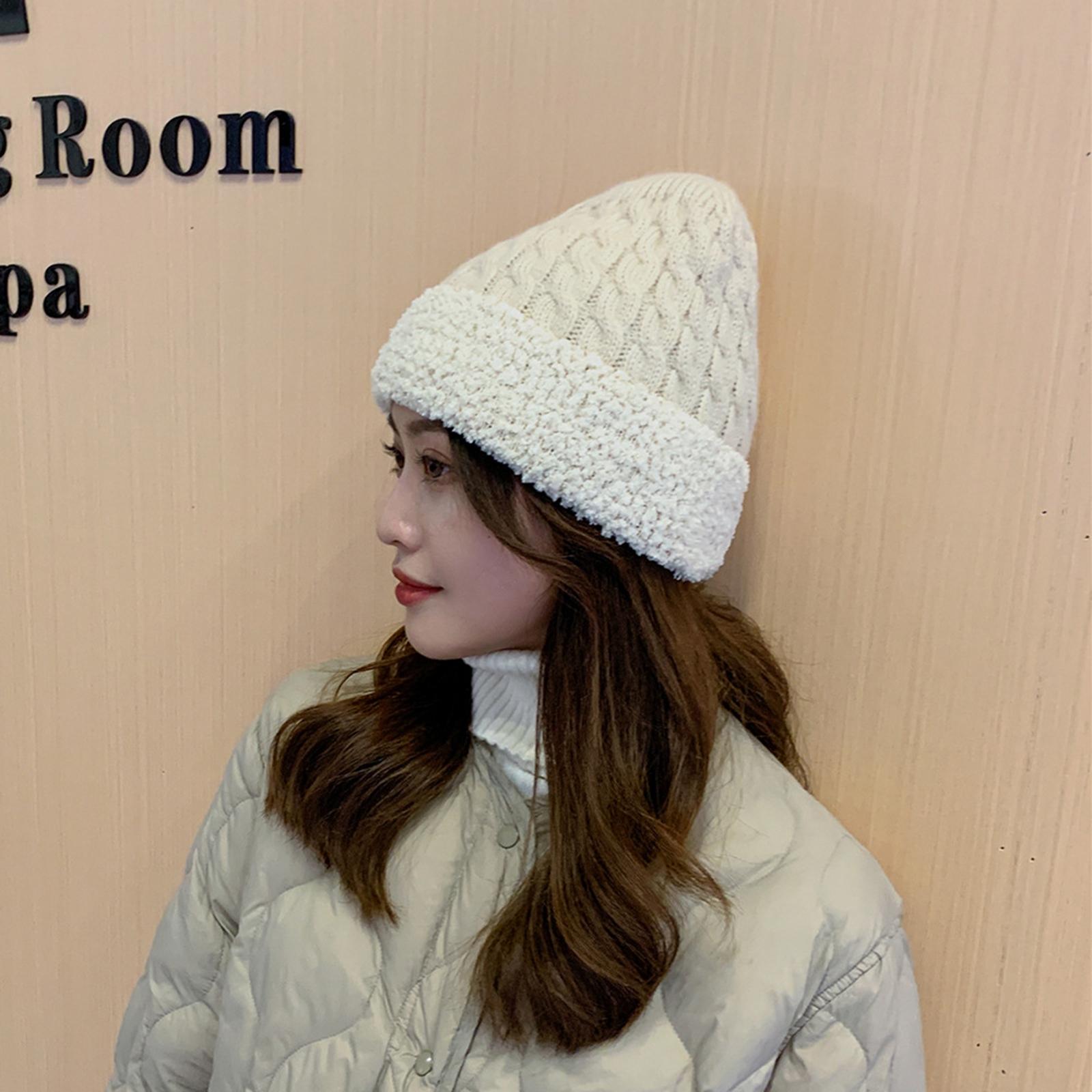 Women Knitted Beanie Winter Fashion Thermal Hats Outdoor Gadget Beige White