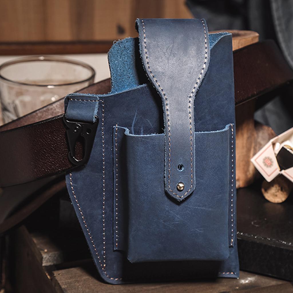 Men Leather Phone Holster Belt Bag Pocket Key Holder Waist Bag Purse Blue