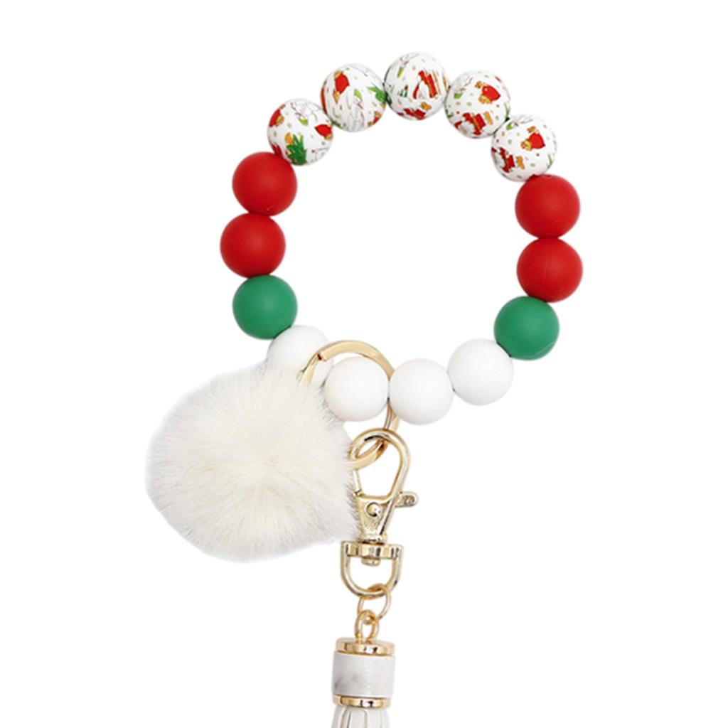 Beaded Bracelet Keychain Bangle Keyring Keys Ring Holder with Tassel White