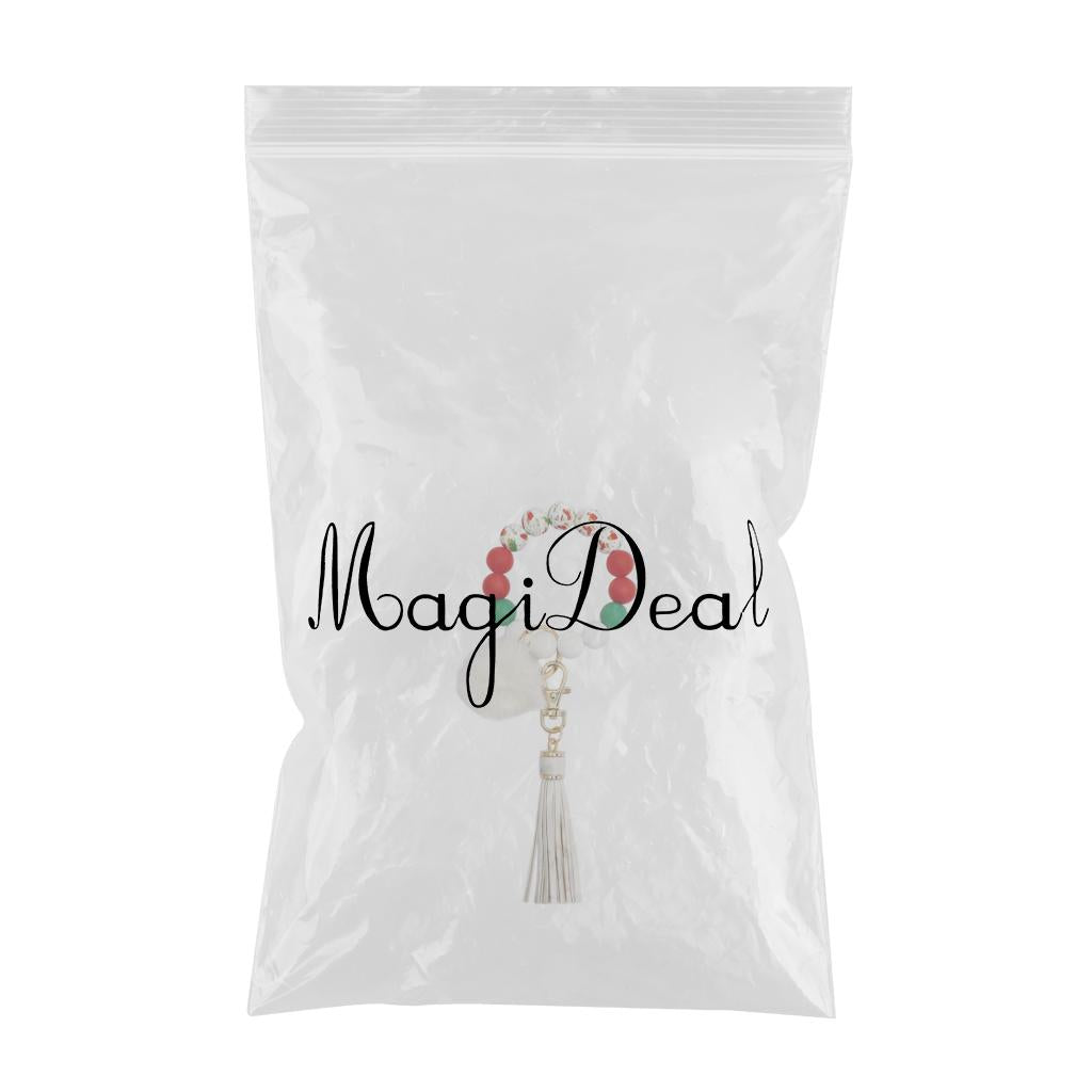 Beaded Bracelet Keychain Bangle Keyring Keys Ring Holder with Tassel White