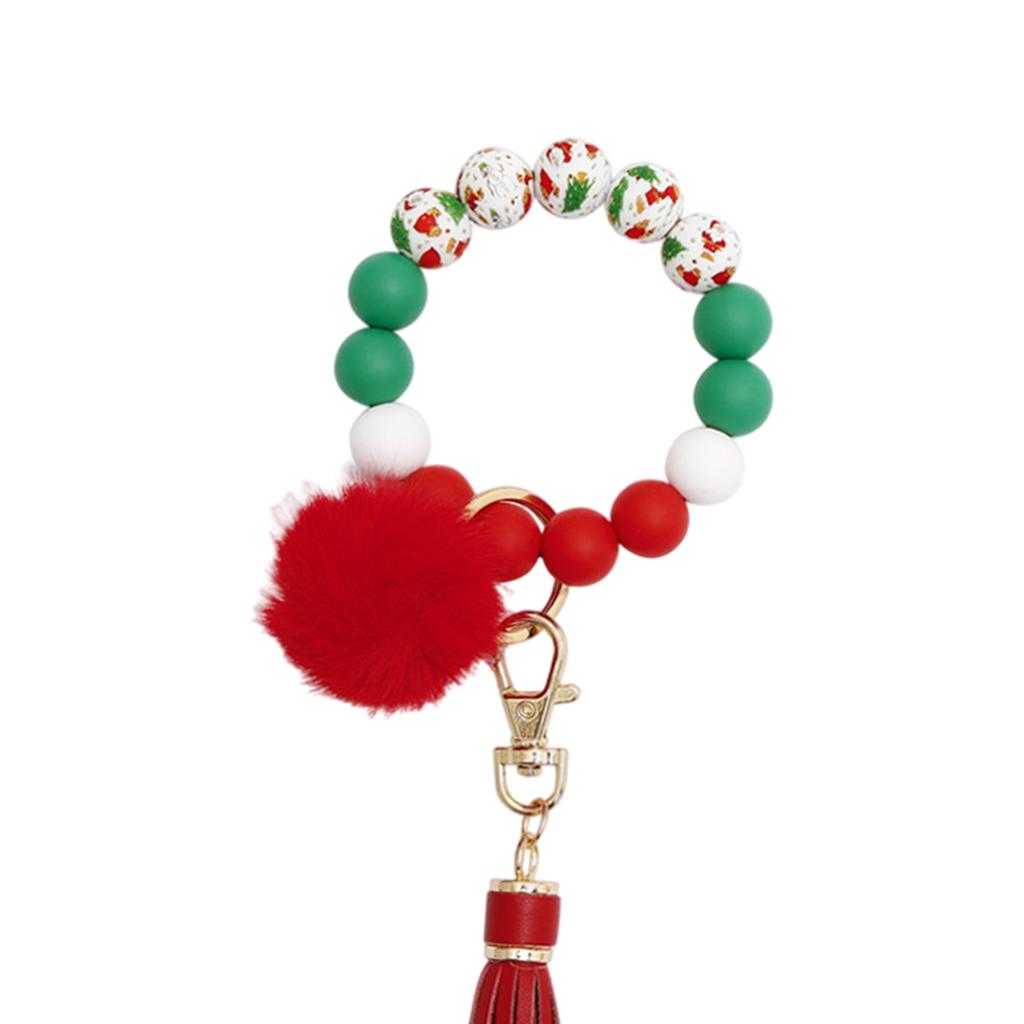 Beaded Bracelet Keychain Bangle Keyring Keys Ring Holder with Tassel Red