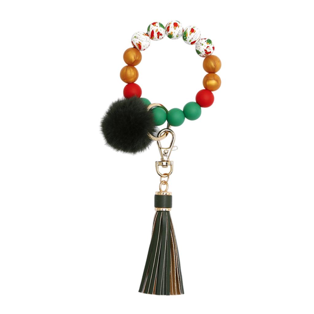 Beaded Bracelet Keychain Bangle Keyring Keys Ring Holder with Tassel Green