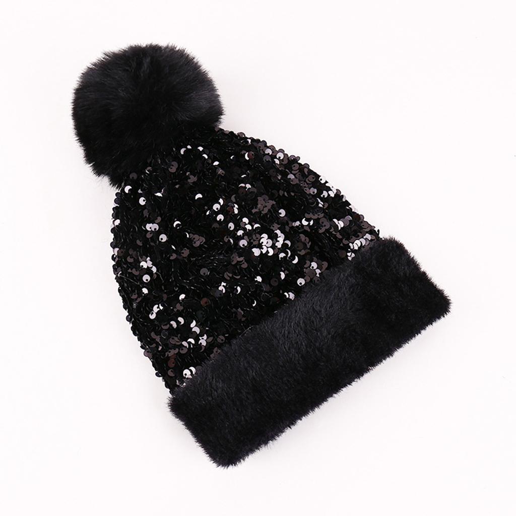 WOMENS LADIES KNIT WINTER POM POM SKI BEANIE HAT FLEECE LINING Black