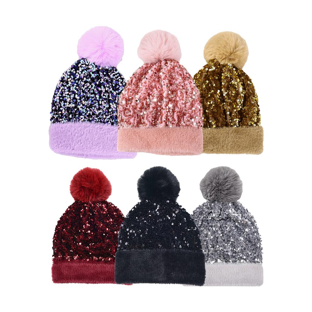 WOMENS LADIES KNIT WINTER POM POM SKI BEANIE HAT FLEECE LINING Black