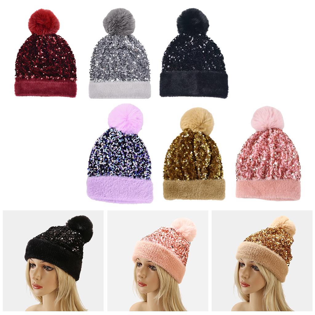 WOMENS LADIES KNIT WINTER POM POM SKI BEANIE HAT FLEECE LINING Black