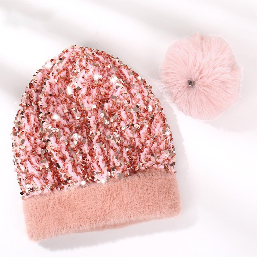 WOMENS LADIES KNIT WINTER POM POM SKI BEANIE HAT FLEECE LINING Pink