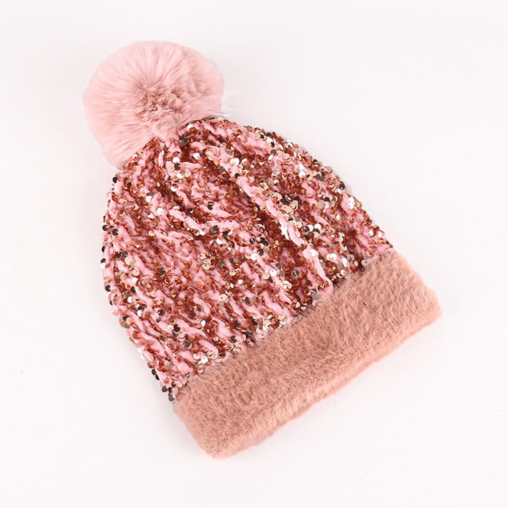 WOMENS LADIES KNIT WINTER POM POM SKI BEANIE HAT FLEECE LINING Pink