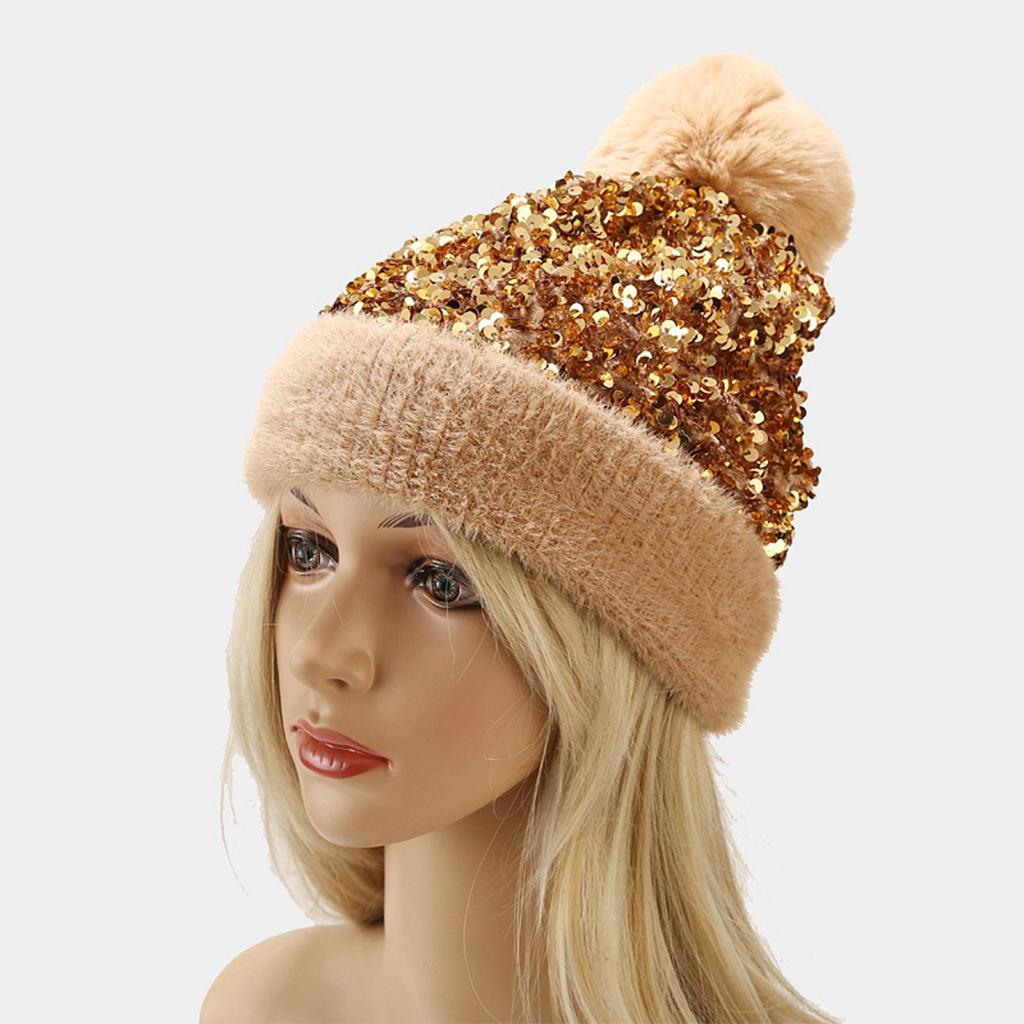 WOMENS LADIES KNIT WINTER POM POM SKI BEANIE HAT FLEECE LINING Gold