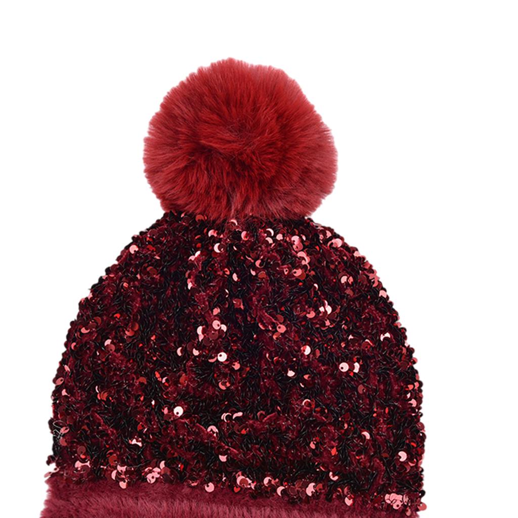 WOMENS LADIES KNIT WINTER POM POM SKI BEANIE HAT FLEECE LINING Wine red
